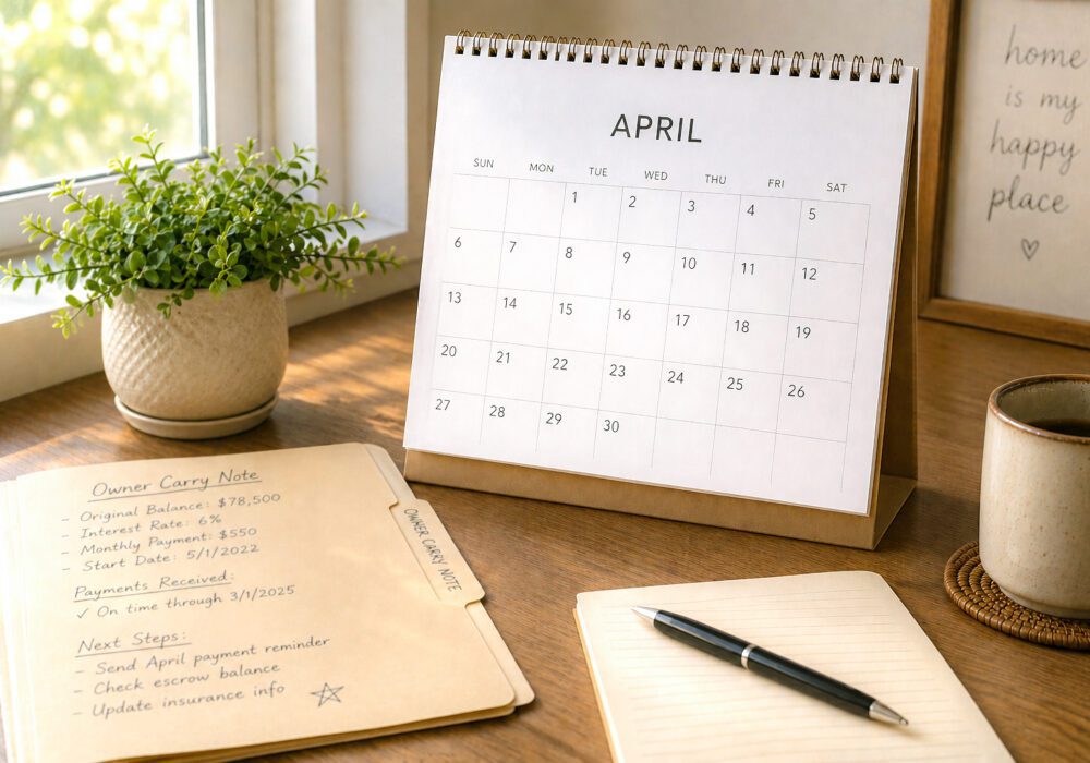 Desk calendar and owner carry note folder on a home office desk – how long does it take to sell a mortgage note depends on documents and due diligence